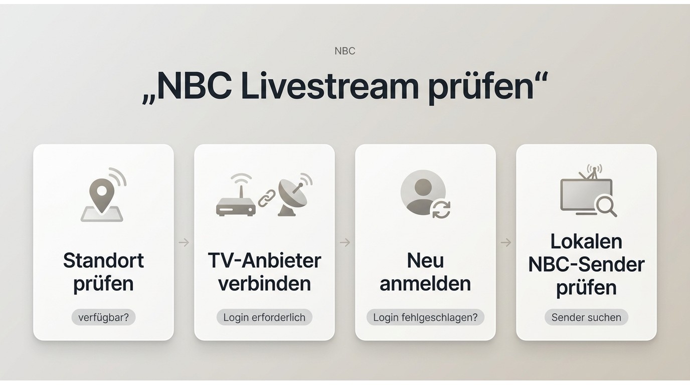 Ablauf zur Prüfung eines NBC-Livestreams mit Standort, TV-Anbieter, Login und lokalem Sender.