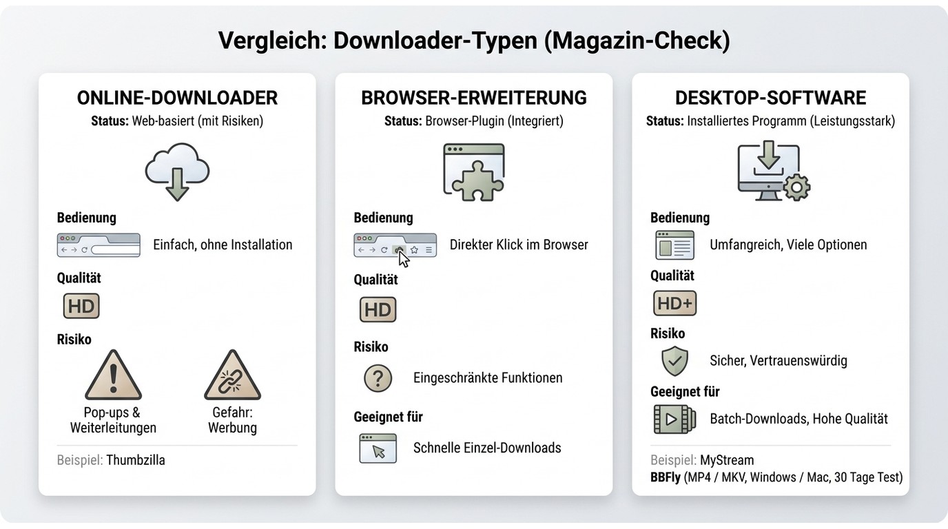 Vergleich von Online-Downloader, Browser-Erweiterung und Desktop-Software für Thumbzilla-Downloads