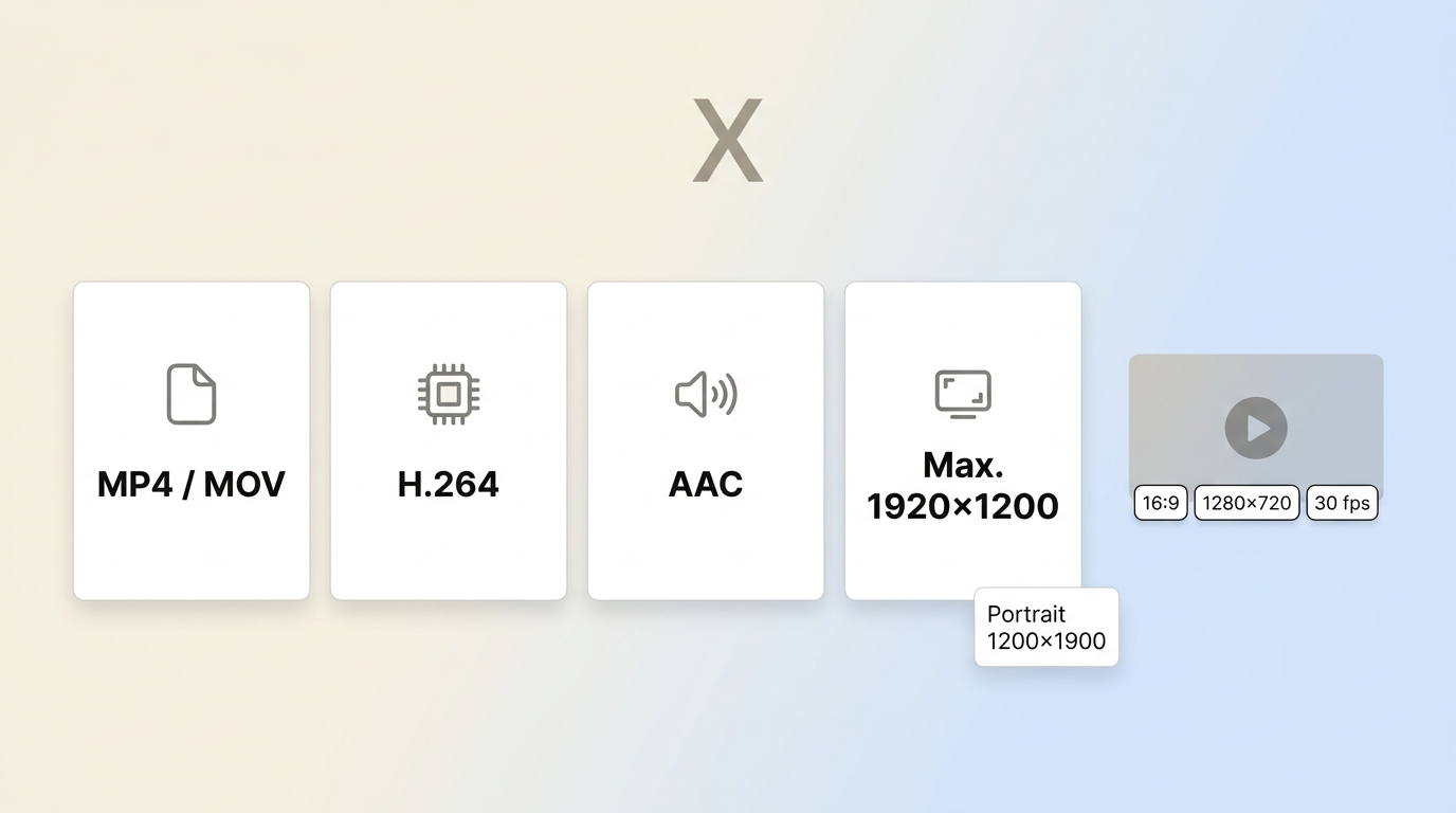 Prüfübersicht für X-Videoformat mit MP4 oder MOV, H.264, AAC und passender Auflösung.