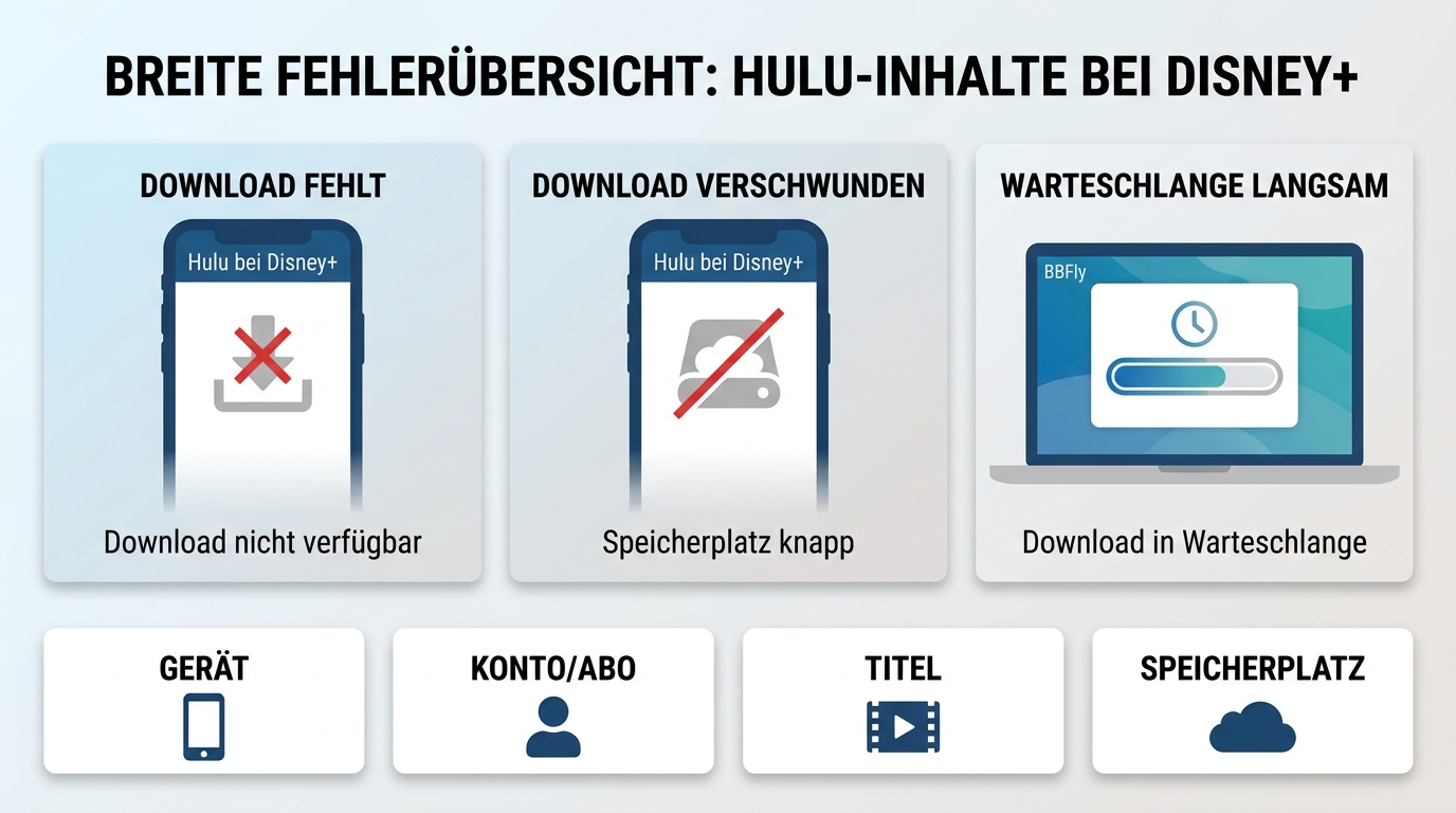 Fehlerübersicht für Hulu-Downloads mit Prüfungen zu Gerät, Konto, Titel und Speicherplatz