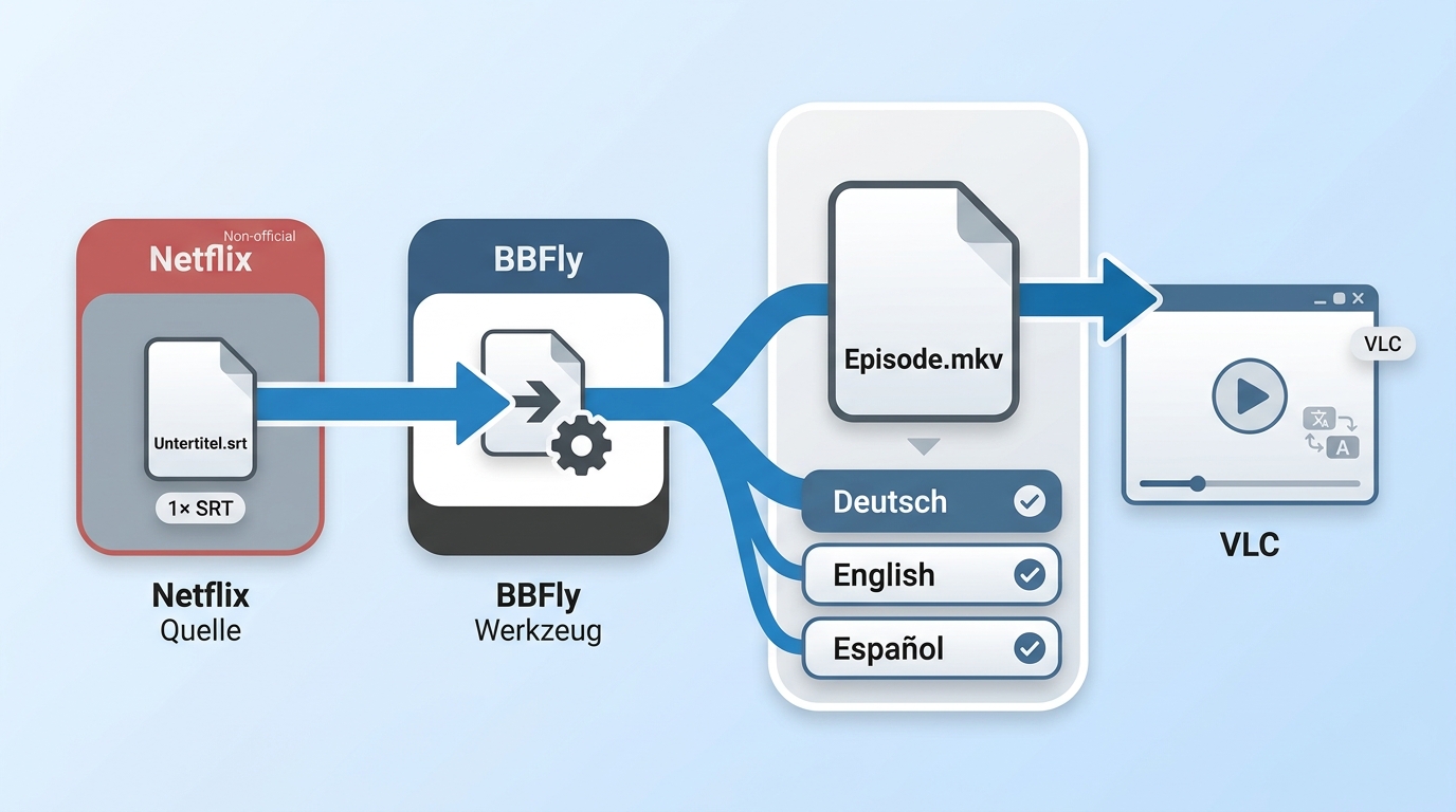 Vergleich zwischen einzelner Netflix-SRT und BBFly-Workflow mit MKV und mehreren Untertitelspuren