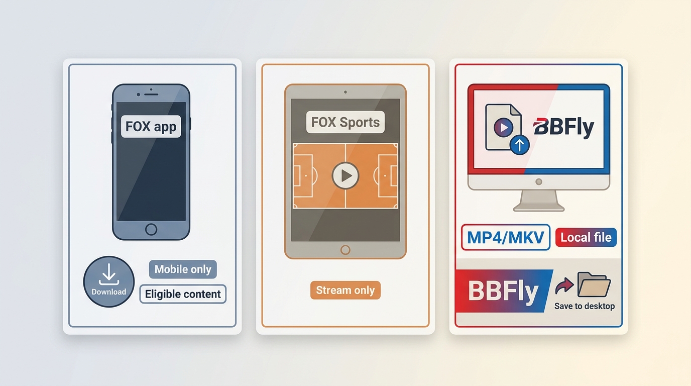Comparison of FOX mobile downloads, FOX Sports streaming, and BBFly local MP4 or MKV saving