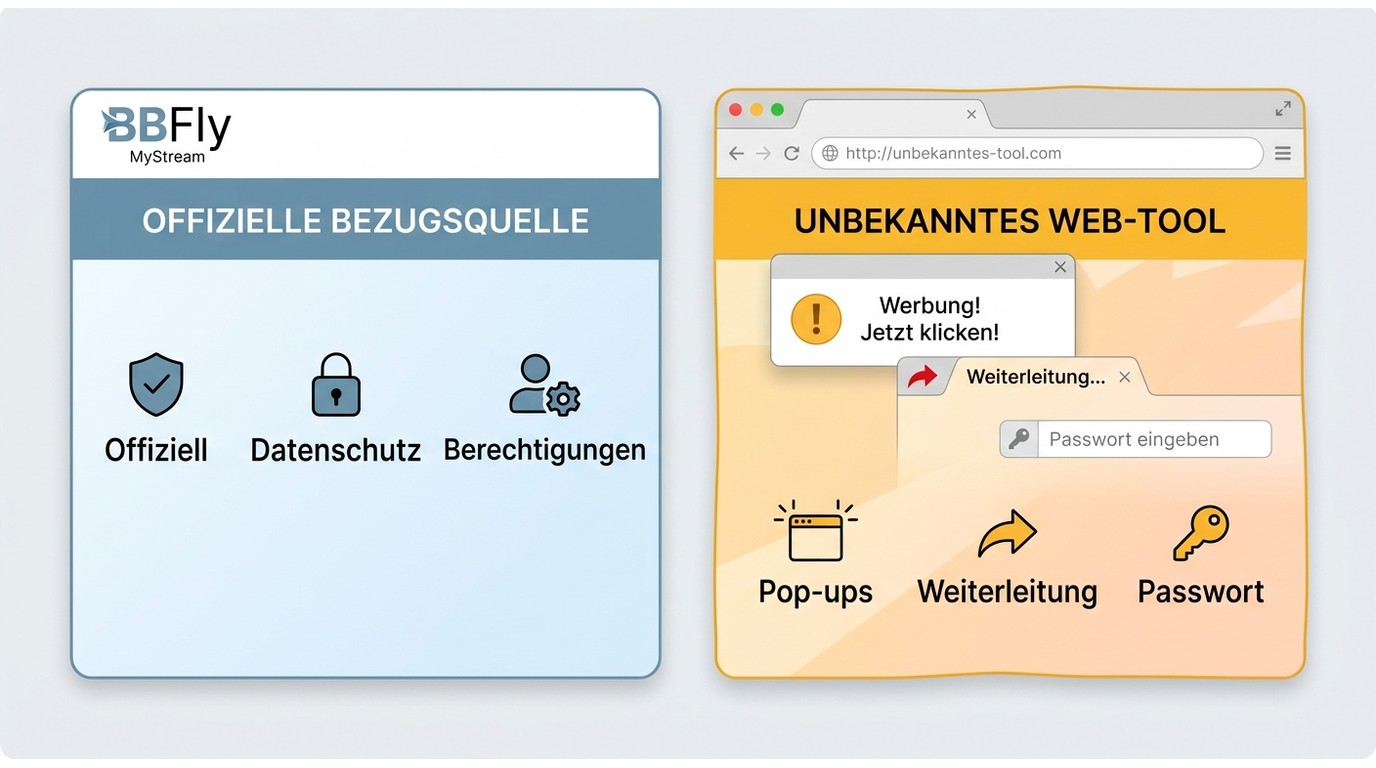 Vergleich zwischen offizieller BBFly- oder MyStream-Seite und riskantem Web-Tool