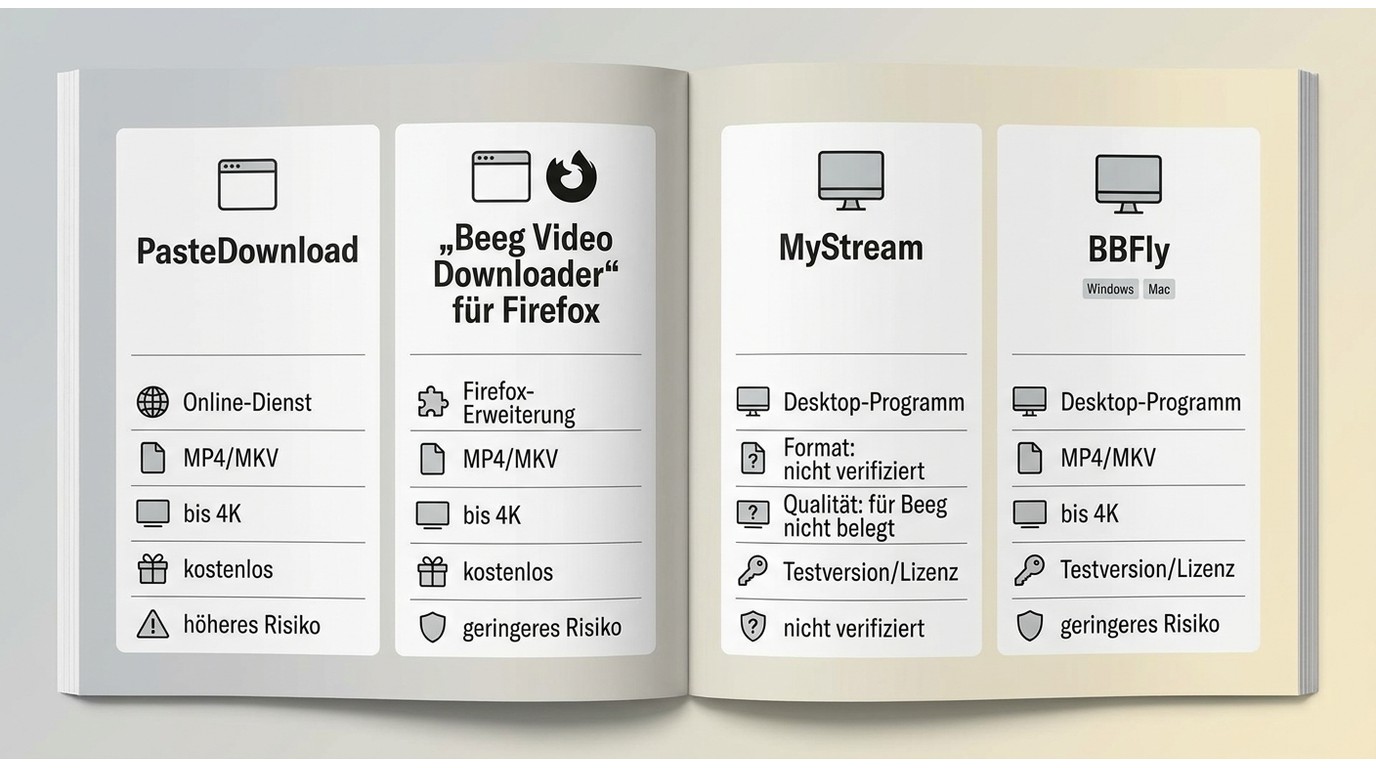 Vergleich von PasteDownload, Firefox-Erweiterung, MyStream und BBFly nach Format, Qualität und Risik