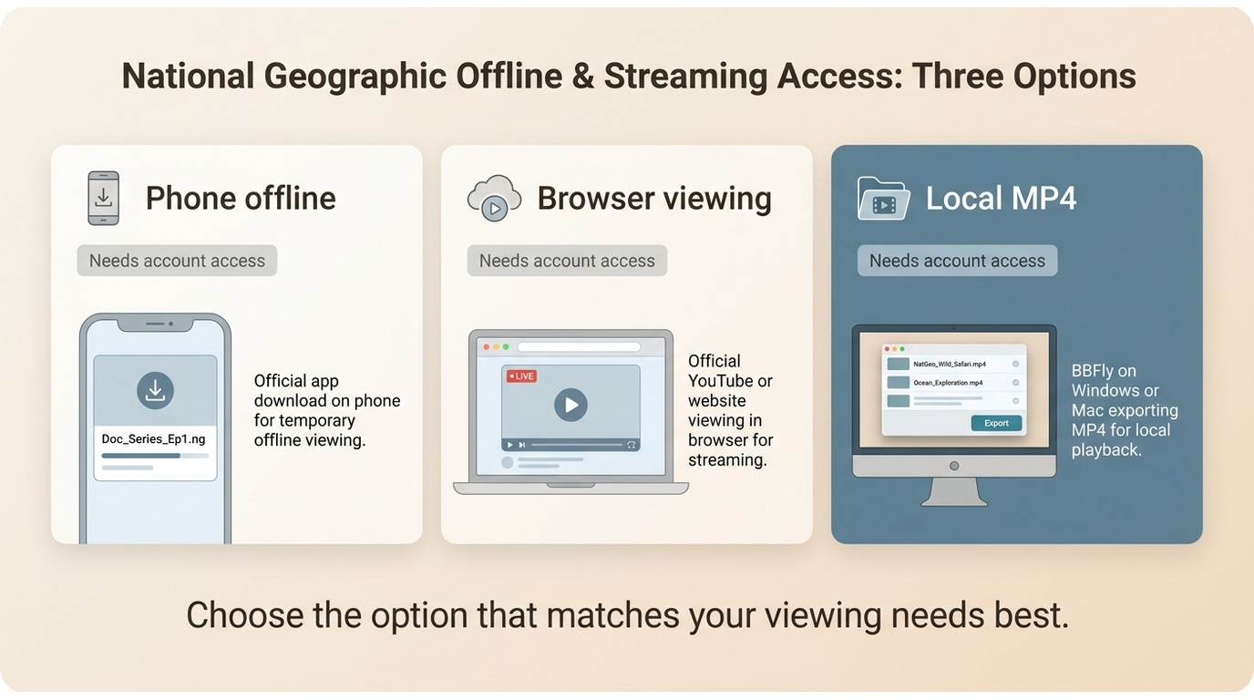Comparison of official app, official web viewing, and BBFly local MP4 workflow for National Geograph