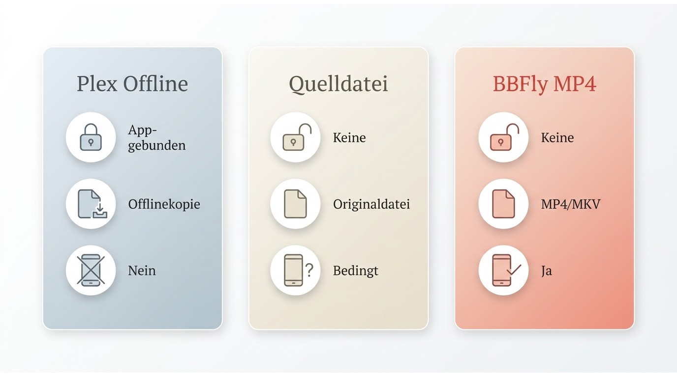 Vergleich von Plex-Offlinekopie, Quelldatei-Download und BBFly MP4 nach Dateiart und Übertragbarkeit