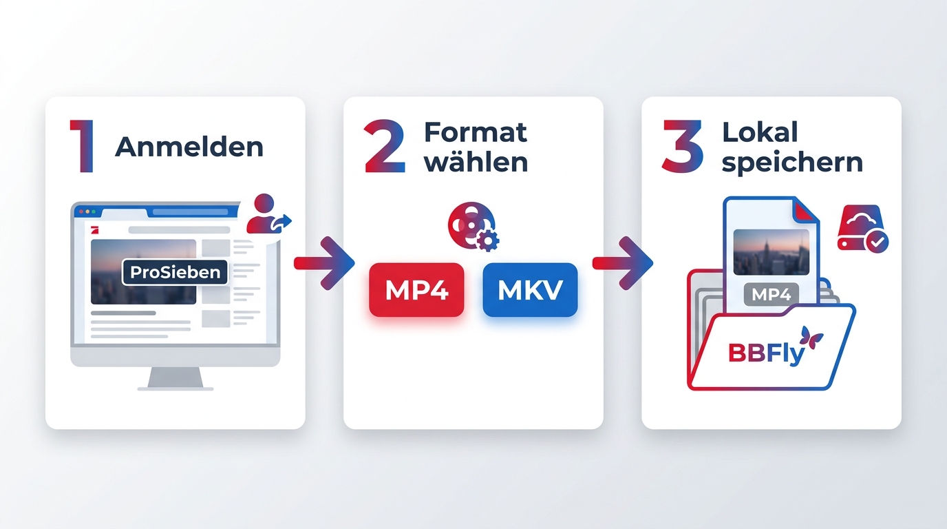 BBFly-Ablauf zum Speichern eines ProSieben-Titels als MP4 oder MKV in drei Schritten
