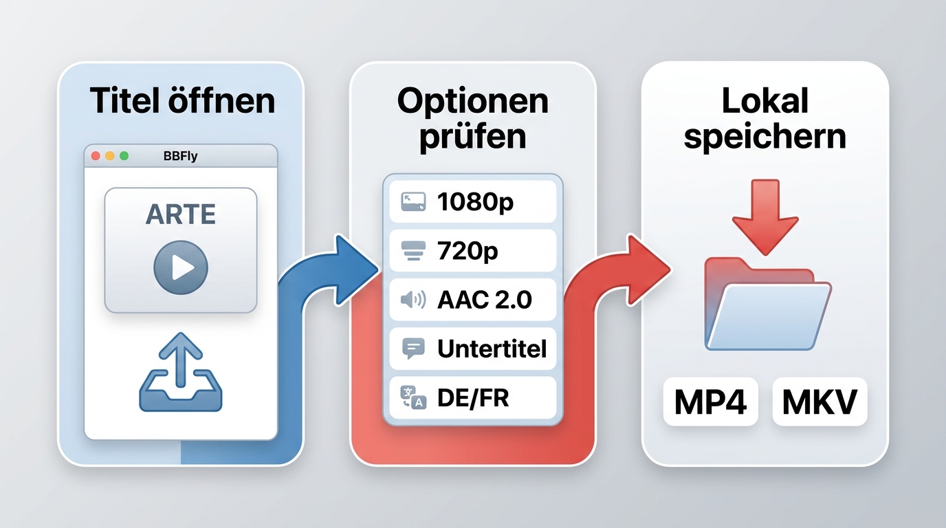 BBFly-Workflow für ARTE: Titel öffnen, Optionen prüfen, MP4 oder MKV lokal speichern.