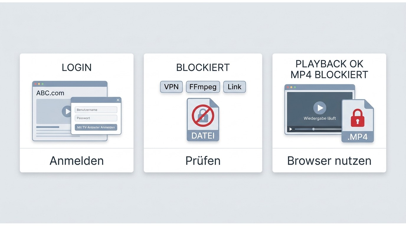 Vergleich der drei häufigsten ABC.com-Downloadprobleme mit dem passenden nächsten Schritt.