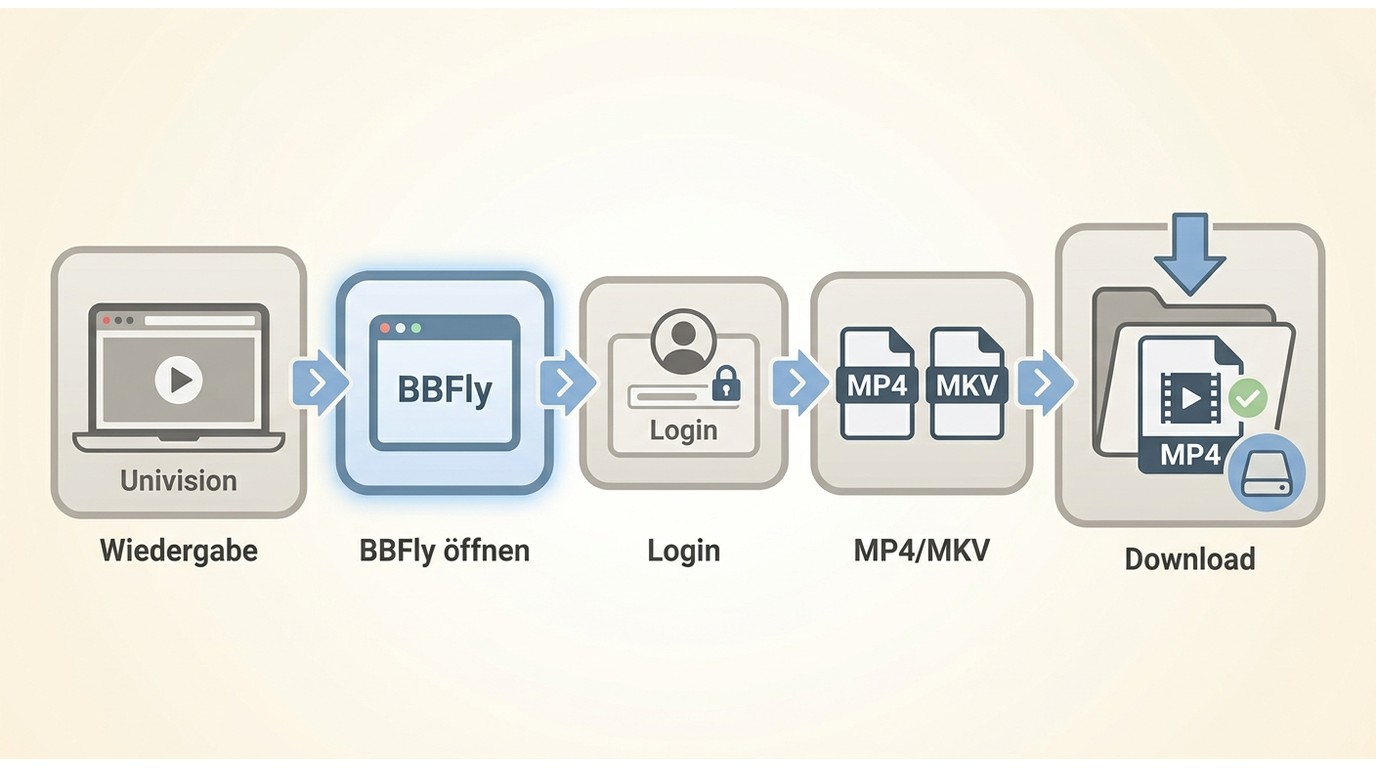 Ablauf mit BBFly von Univision-Login bis zur gespeicherten MP4- oder MKV-Datei