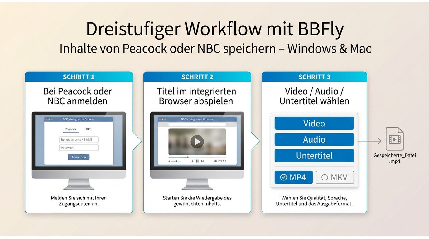 BBFly-Workflow mit Anmeldung, Titelwiedergabe und Export als MP4 oder MKV auf Windows oder Mac.
