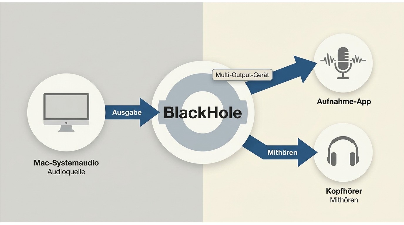BlackHole leitet Mac-Systemaudio zur Aufnahme-App und gleichzeitig zu Kopfhörern weiter.