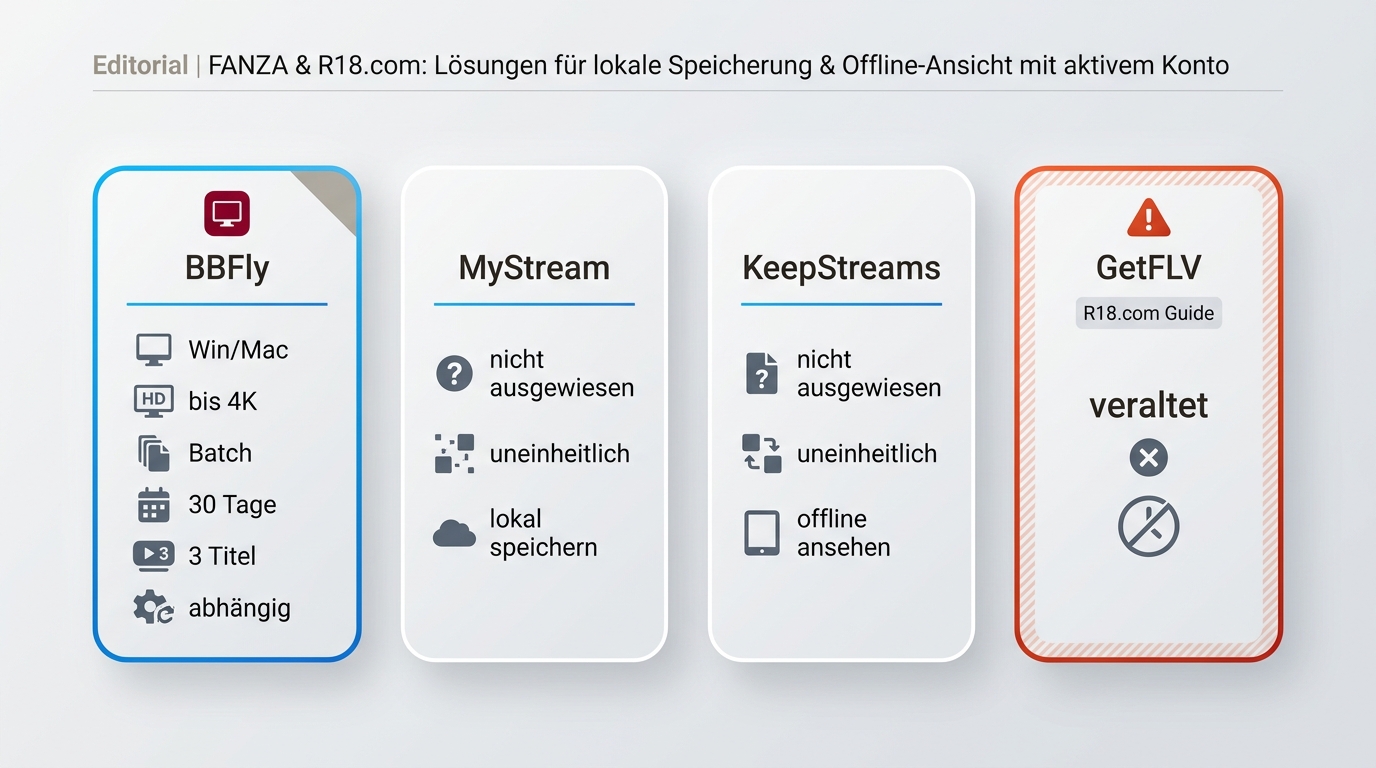 Vergleich von BBFly, MyStream und KeepStreams für FANZA plus Hinweis, dass GetFLV veraltet ist