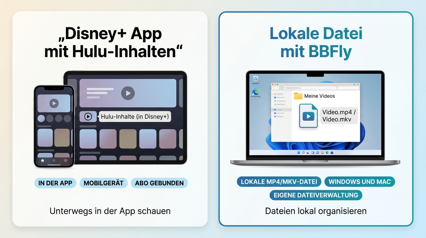 Vergleich von Disney+-App-Downloads auf Mobilgeräten und BBFly-Dateien auf Windows oder Mac