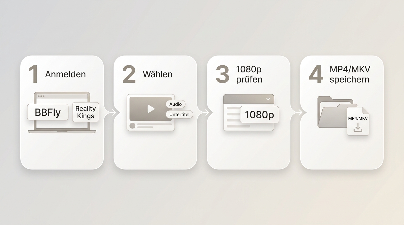 Ablauf mit BBFly: anmelden, Video wählen, 1080p und Spuren prüfen, MP4 oder MKV lokal speichern