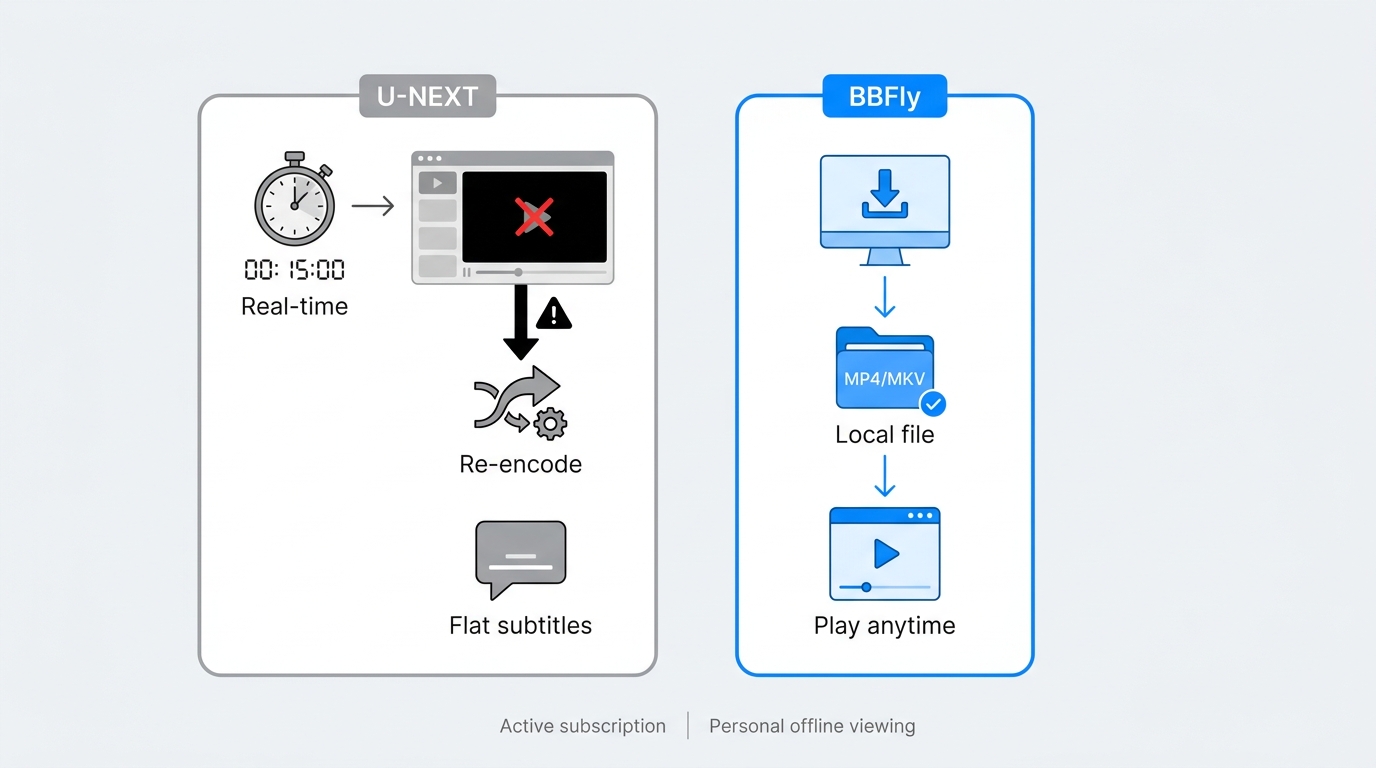 Comparison of real-time U-NEXT screen recording and BBFly local MP4 or MKV workflow