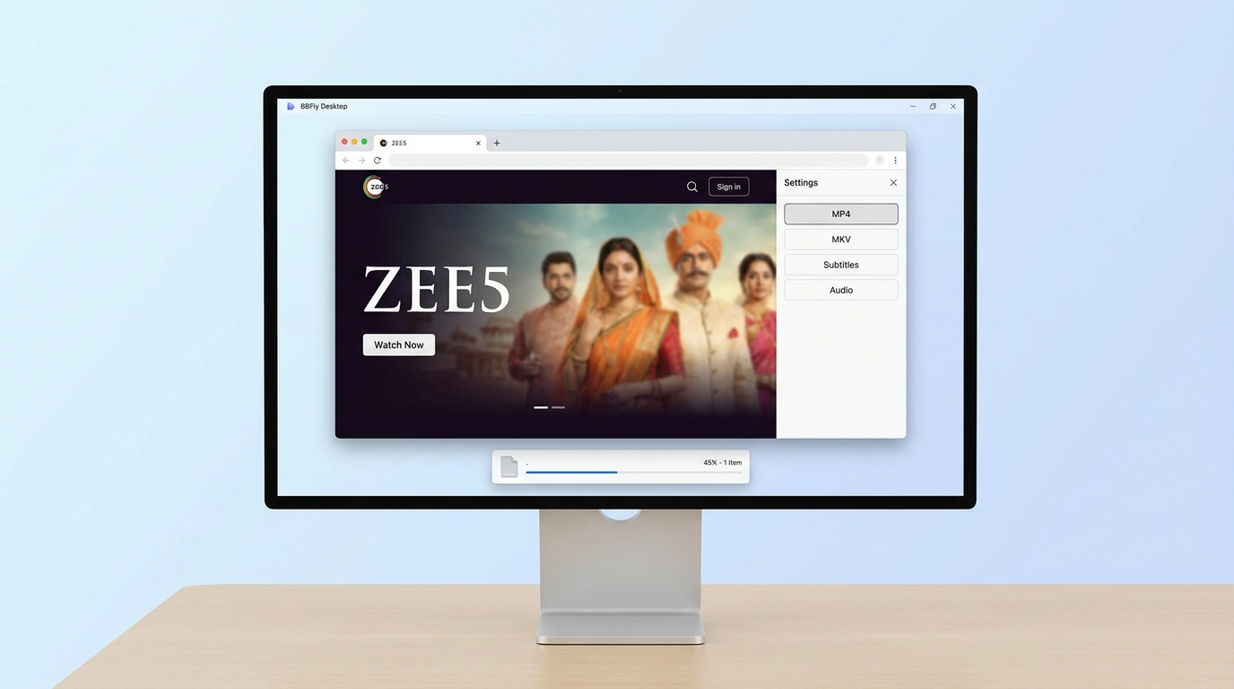 BBFly downloading a ZEE5 title on a computer with MP4 or MKV and subtitle options.