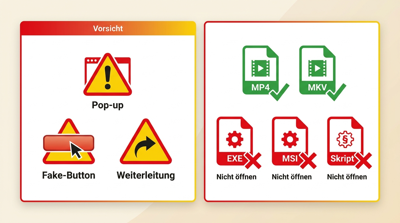 Warnzeichen bei PornHD-Downloads: Weiterleitungen, Fake-Buttons und riskante Dateiendungen.
