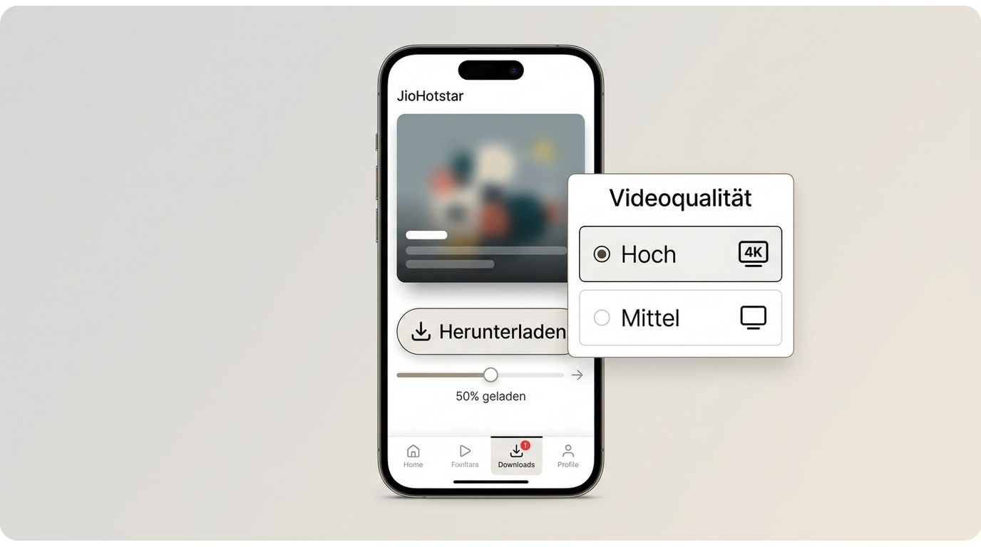 JioHotstar-App mit Herunterladen-Schaltfläche, Qualitätswahl und Download-Bereich.