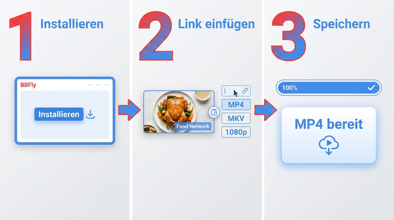 Ablauf mit BBFly: Installation, Food-Network-Link einfügen und MP4-Datei speichern.