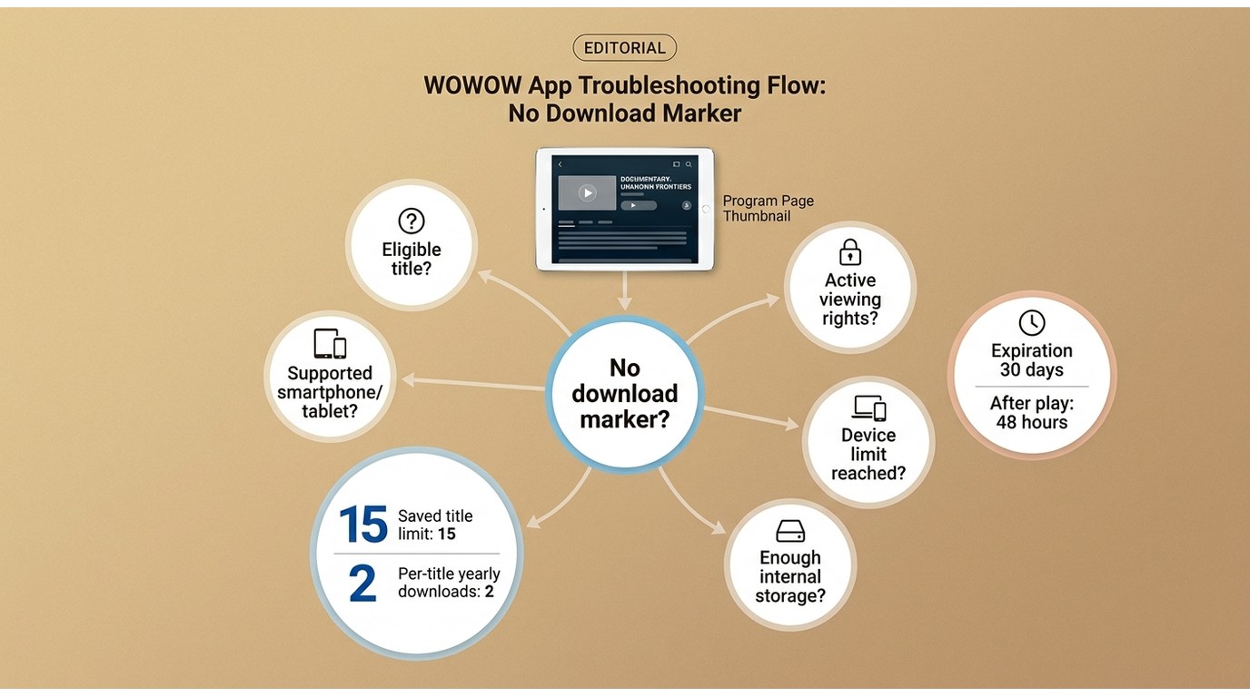 WOWOW checklist for why a title may not show a download option