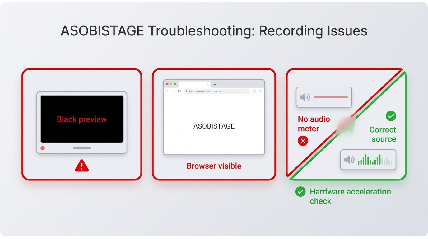 Troubleshooting black video and missing audio by checking source selection, browser playback, and sy