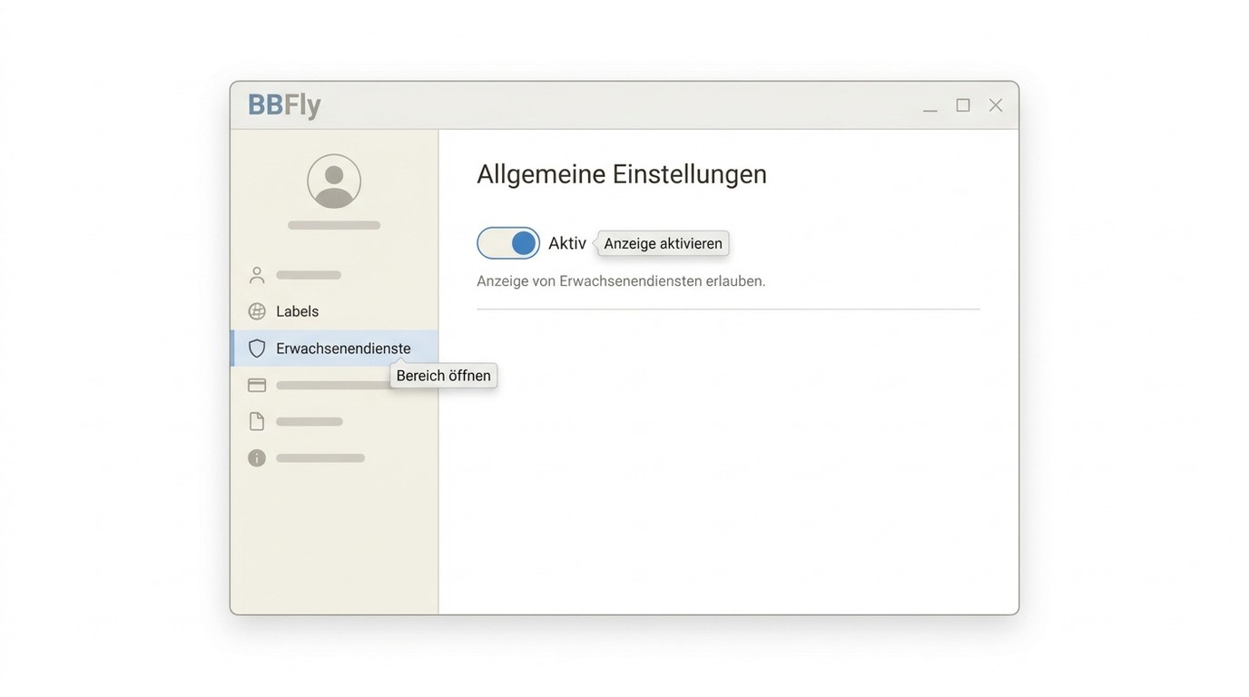 BBFly-Einstellungen und linker Bereich für Erwachsenendienste im Programm