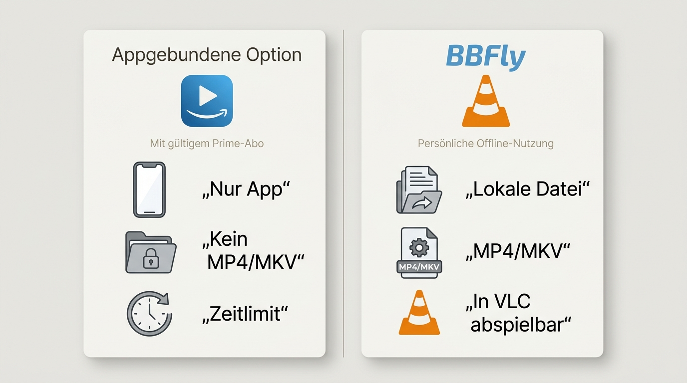 Vergleich von Prime Video-App und BBFly bei Speicherort, Dateityp und Wiedergabe.