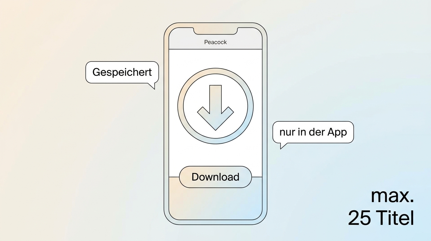 Peacock-App mit Download-Symbol und Hinweis, dass Downloads nur in der App verfügbar sind.