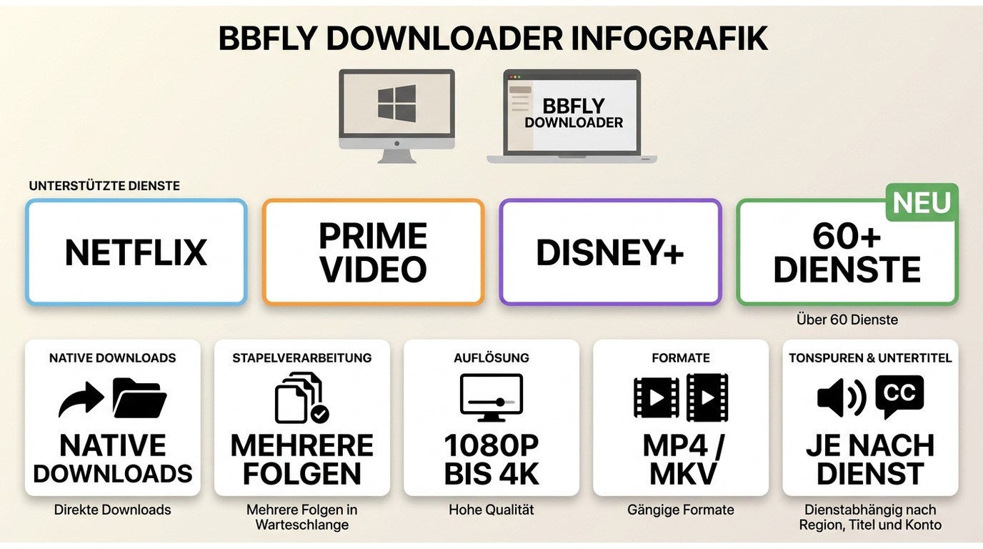 Überblick zu BBFly mit Diensten, 1080p bis 4K, MP4/MKV und dienstabhängigen Grenzen.