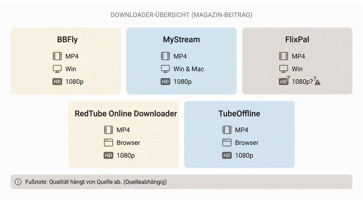 Überblick zu MP4, 1080p und Geräteunterstützung bei fünf RedTube-Downloadern
