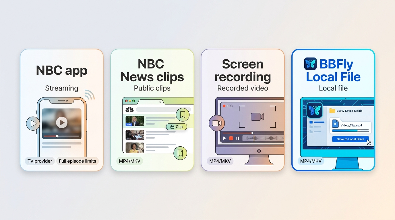 Comparison of NBC app, NBC News clip saver, screen recording, and BBFly local file workflow