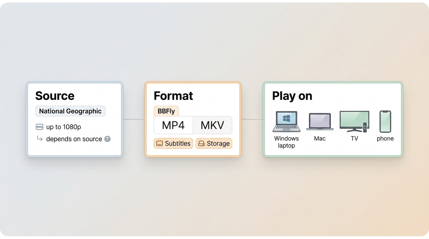 How National Geographic source quality affects BBFly output, MP4 or MKV choice, and device playback.