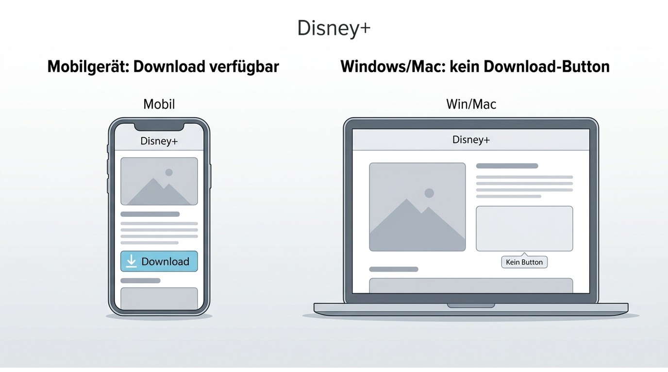 Disney+ auf Smartphone mit Download-Funktion und auf Laptop ohne Download-Button
