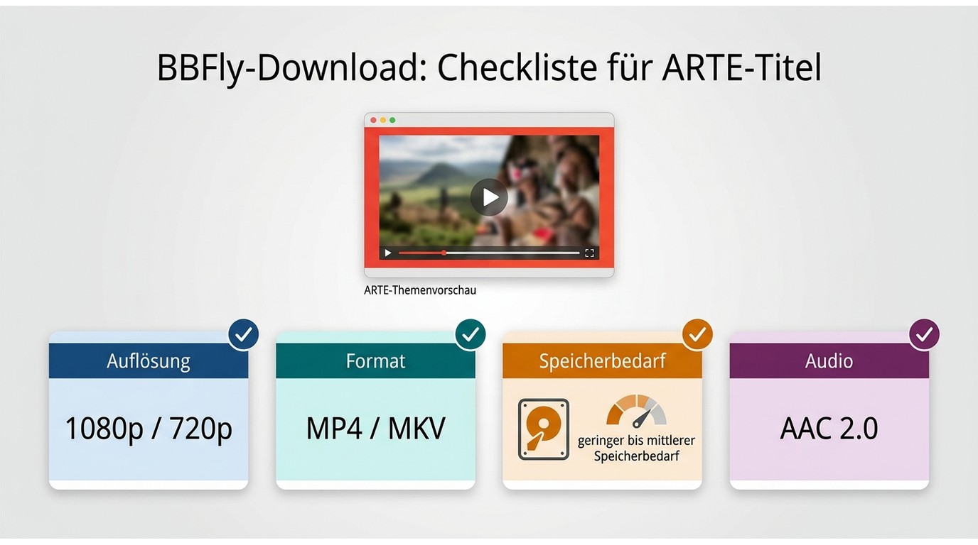 Checkliste für ARTE-Downloads mit Auflösung, Format, Speicherbedarf und Audio in BBFly.