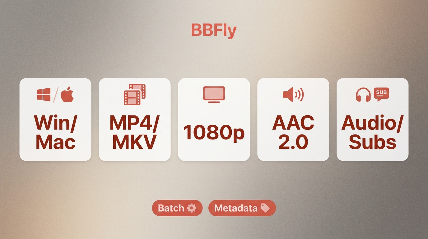 BBFly-Funktionen mit Windows, Mac, MP4, MKV, 1080p, AAC 2.0 und Spurwahl.
