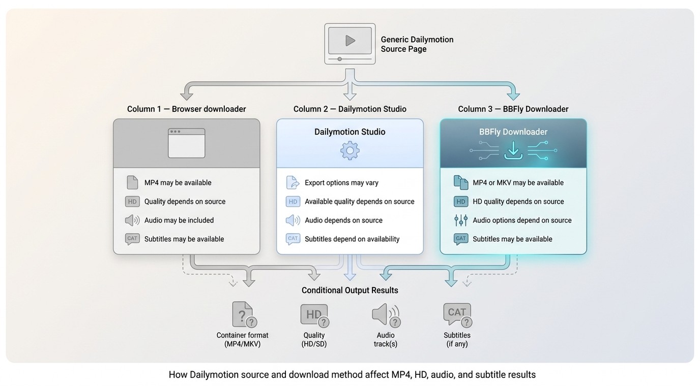 How Dailymotion source and download method affect MP4, HD, audio, and subtitle results