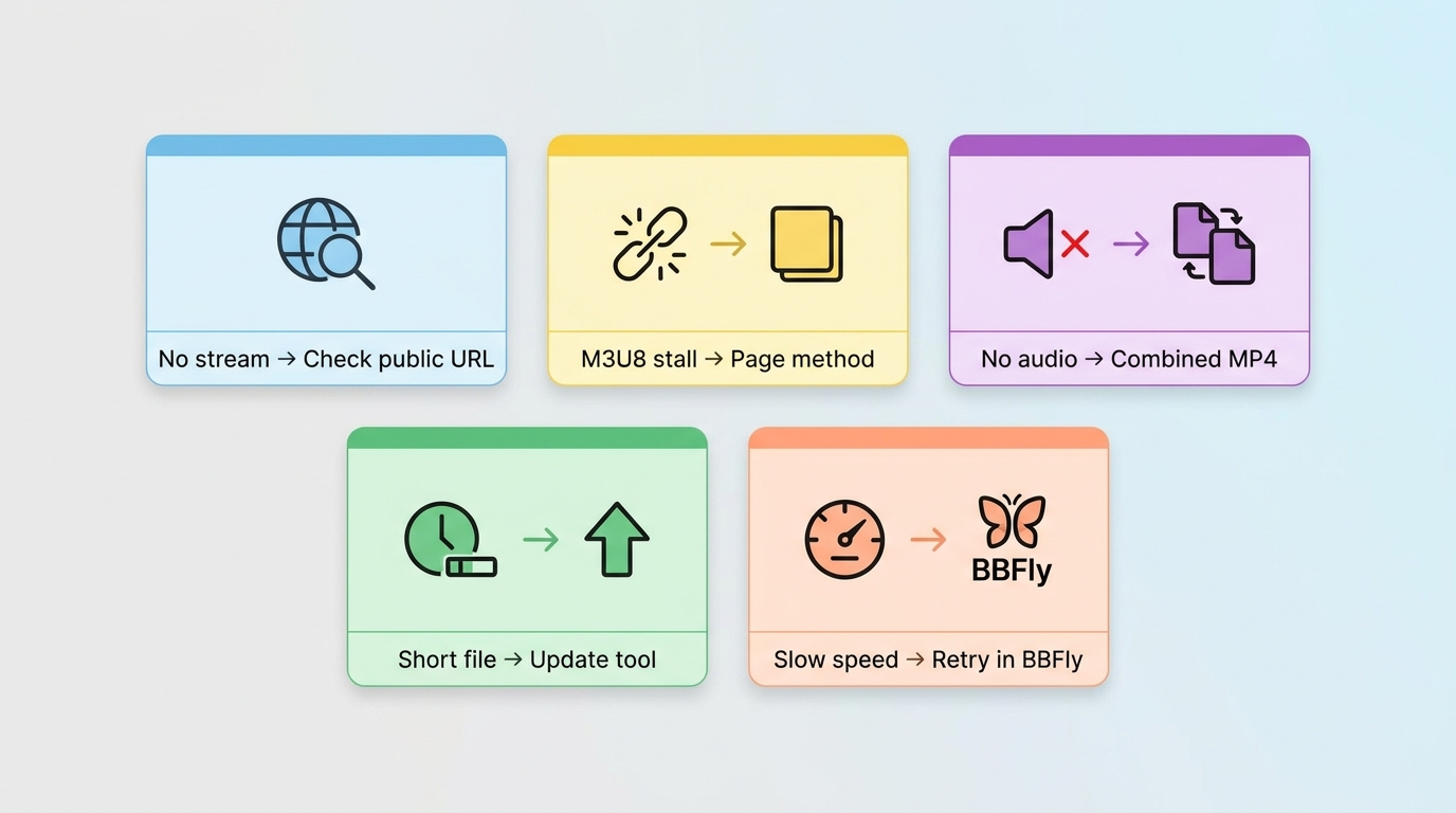 Dailymotion download troubleshooting for no stream, no audio, short files, M3U8 stalls, and slow spe