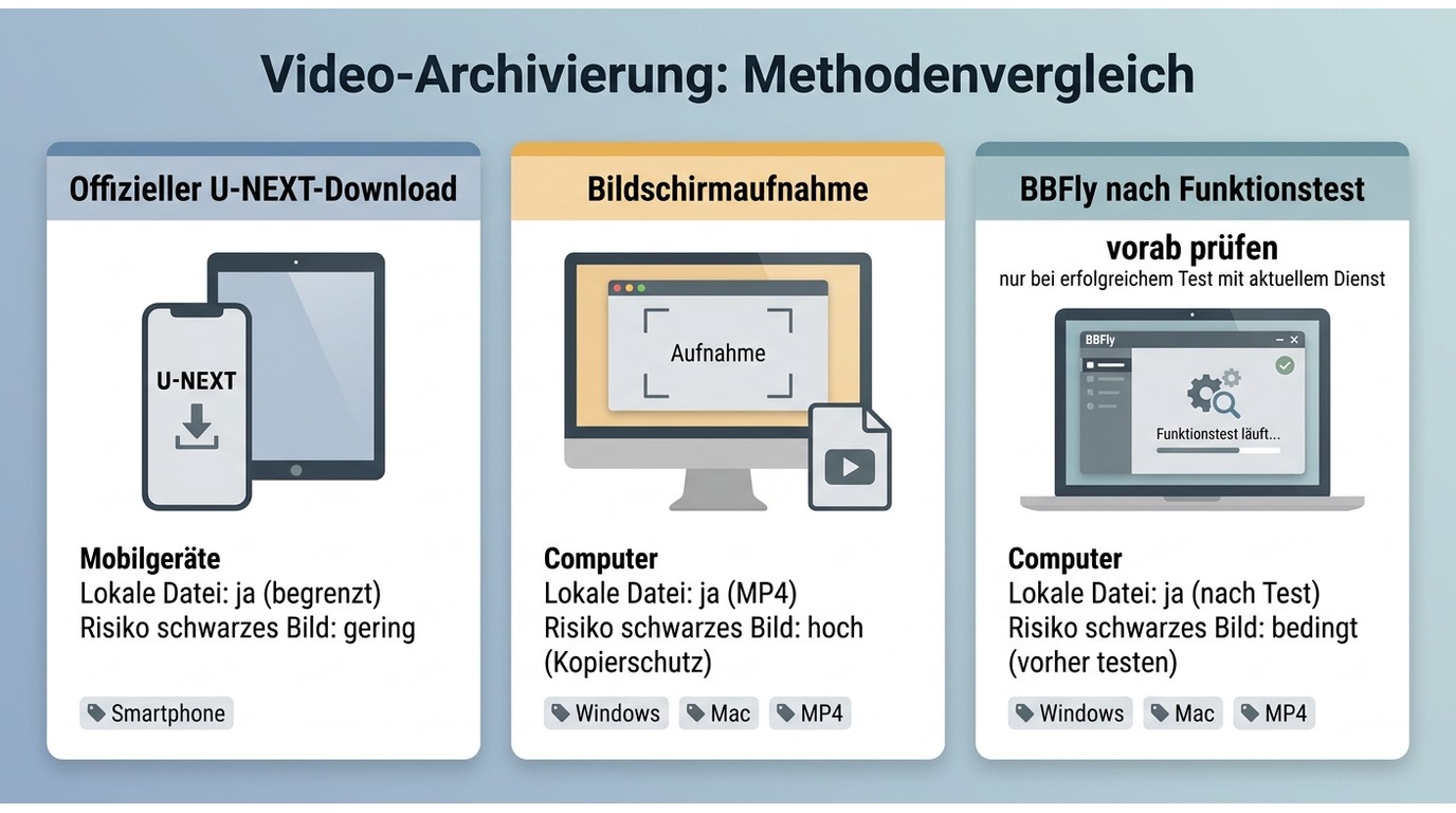 Vergleich von U-NEXT-Download, Bildschirmaufnahme und BBFly nach Geräten, Dateioption und Risiko