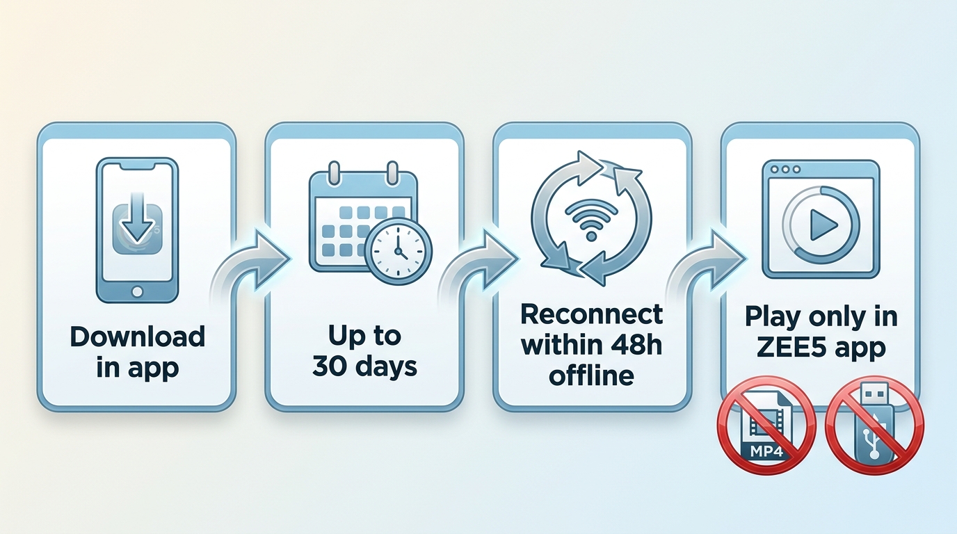 ZEE5 download timeline with 30-day expiry, 48-hour reconnect rule, and app-only playback.
