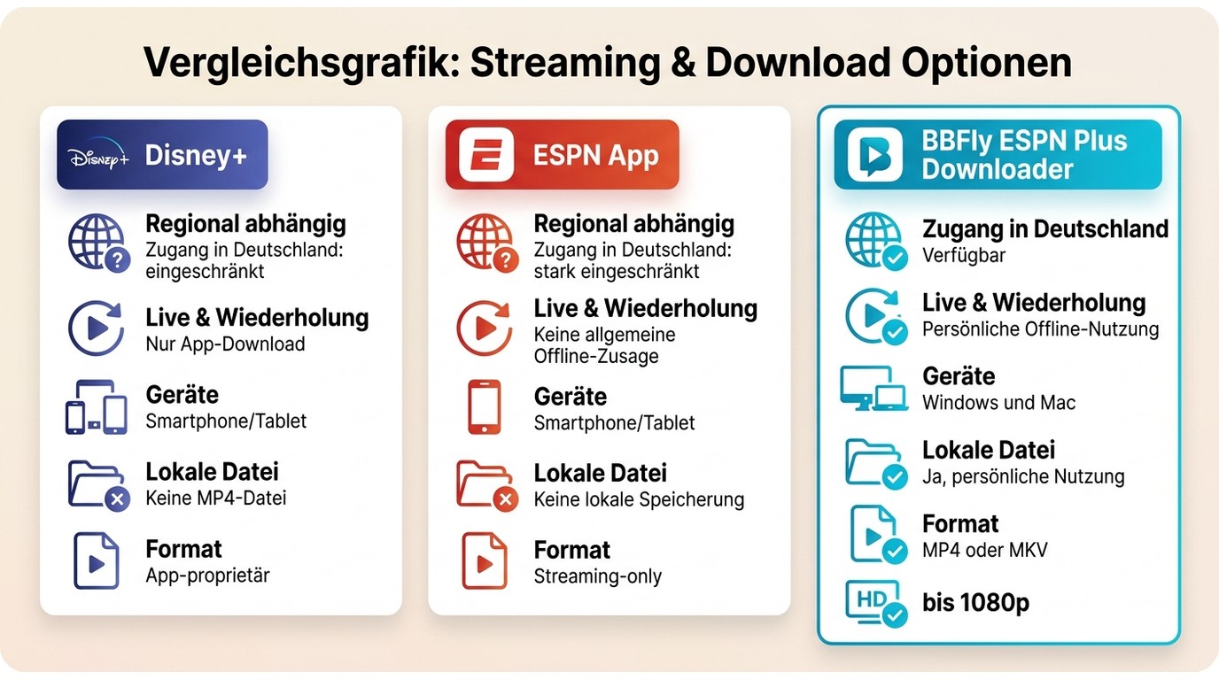 Vergleich von Disney+, ESPN-App und BBFly bei Geräte-Support, Offline-Zugriff und MP4/MKV-Datei.