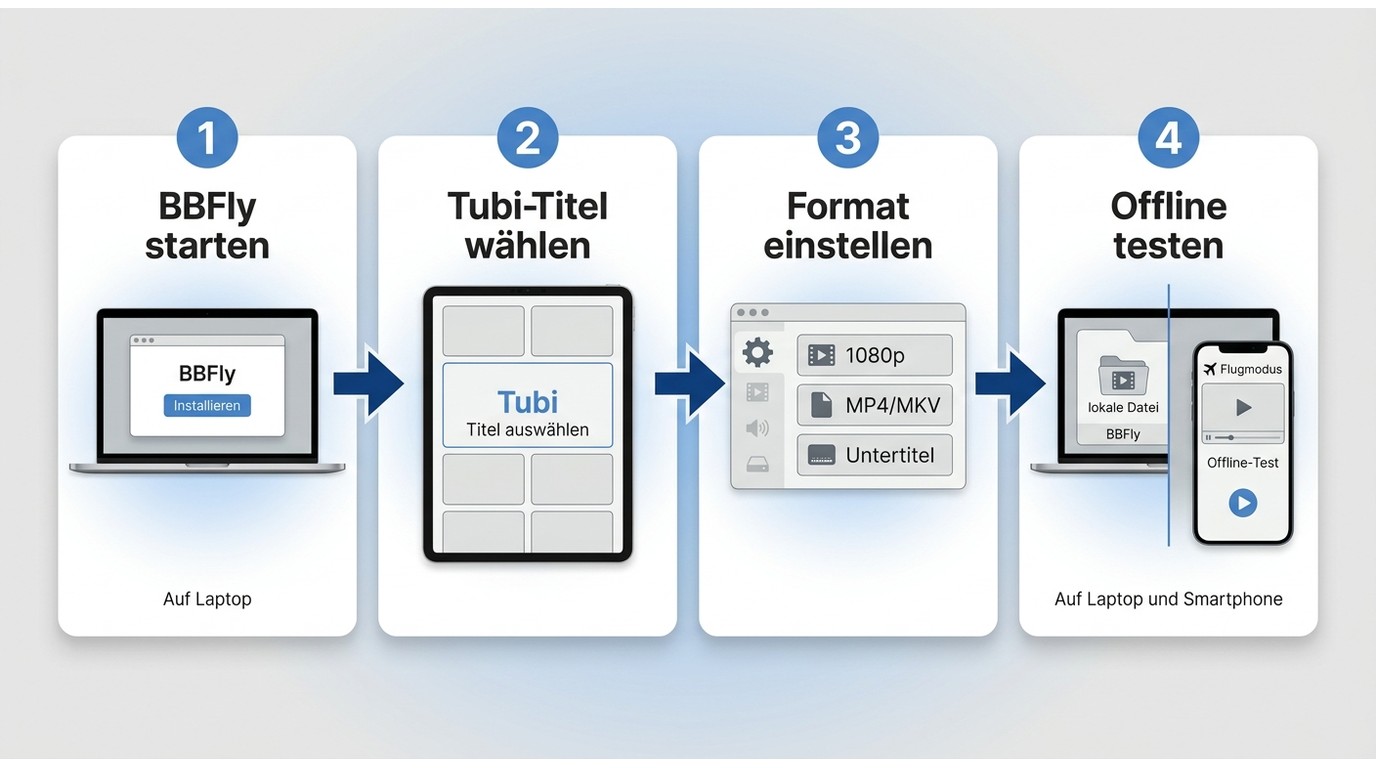 Vier Schritte mit BBFly: installieren, Tubi-Titel wählen, MP4/MKV einstellen und offline testen.