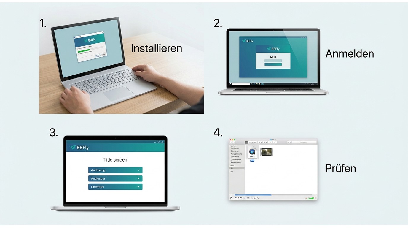 Ablauf mit BBFly: installieren, bei Max anmelden, Titel wählen und fertige Datei prüfen.