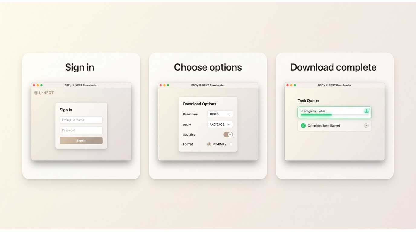 BBFly steps for signing into U-NEXT, choosing options, and finishing a download