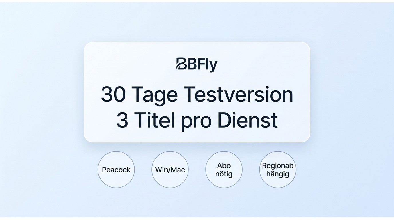 Zusammenfassung der BBFly-Testversion mit 30 Tagen und drei vollständigen Titeln je Dienst.
