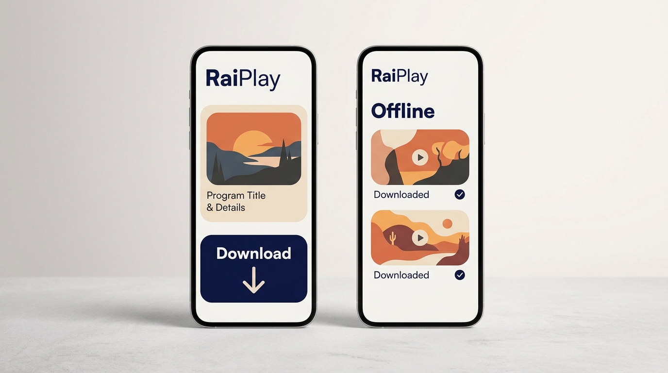 RaiPlay 手机应用中的标题下载按钮与离线列表入口示意