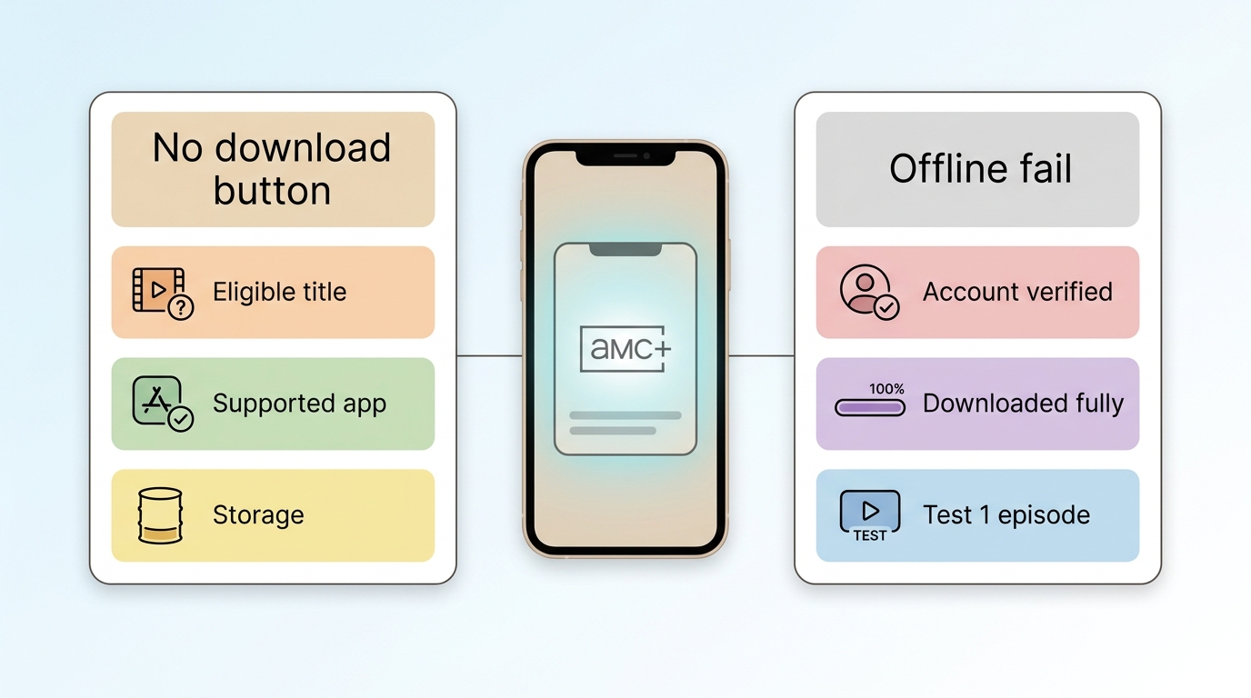 AMC+ offline troubleshooting steps for missing download buttons and airplane mode playback failures