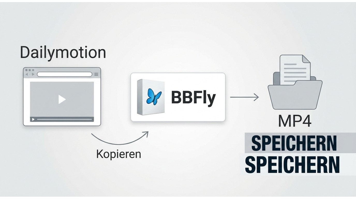 Ablauf von Dailymotion-Link kopieren über Tool-Auswahl bis zum Speichern als MP4.