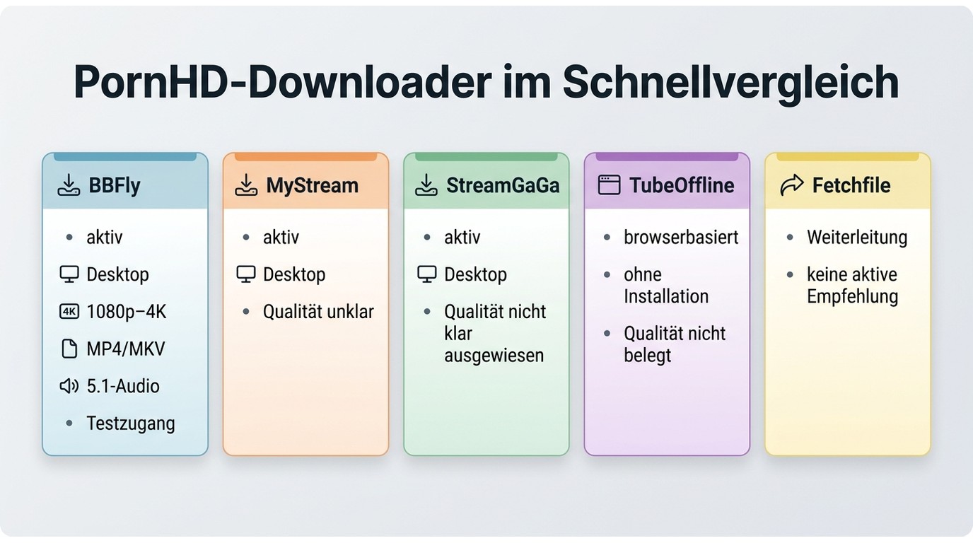 Vergleich von BBFly, MyStream, StreamGaGa, TubeOffline und Fetchfile nach Status und Ausgabe.