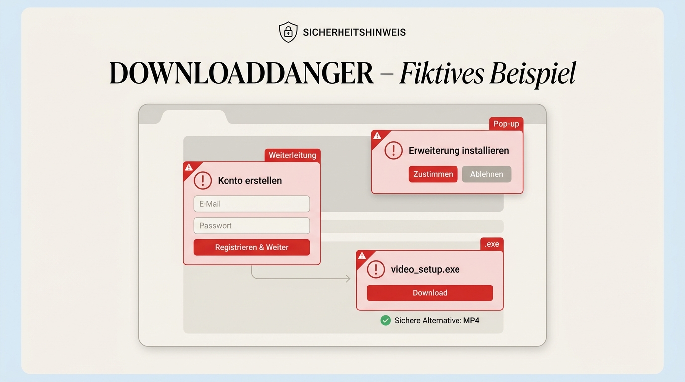 Warnzeichen bei Downloader-Seiten wie Pop-ups, Weiterleitungen und falschen Dateiendungen